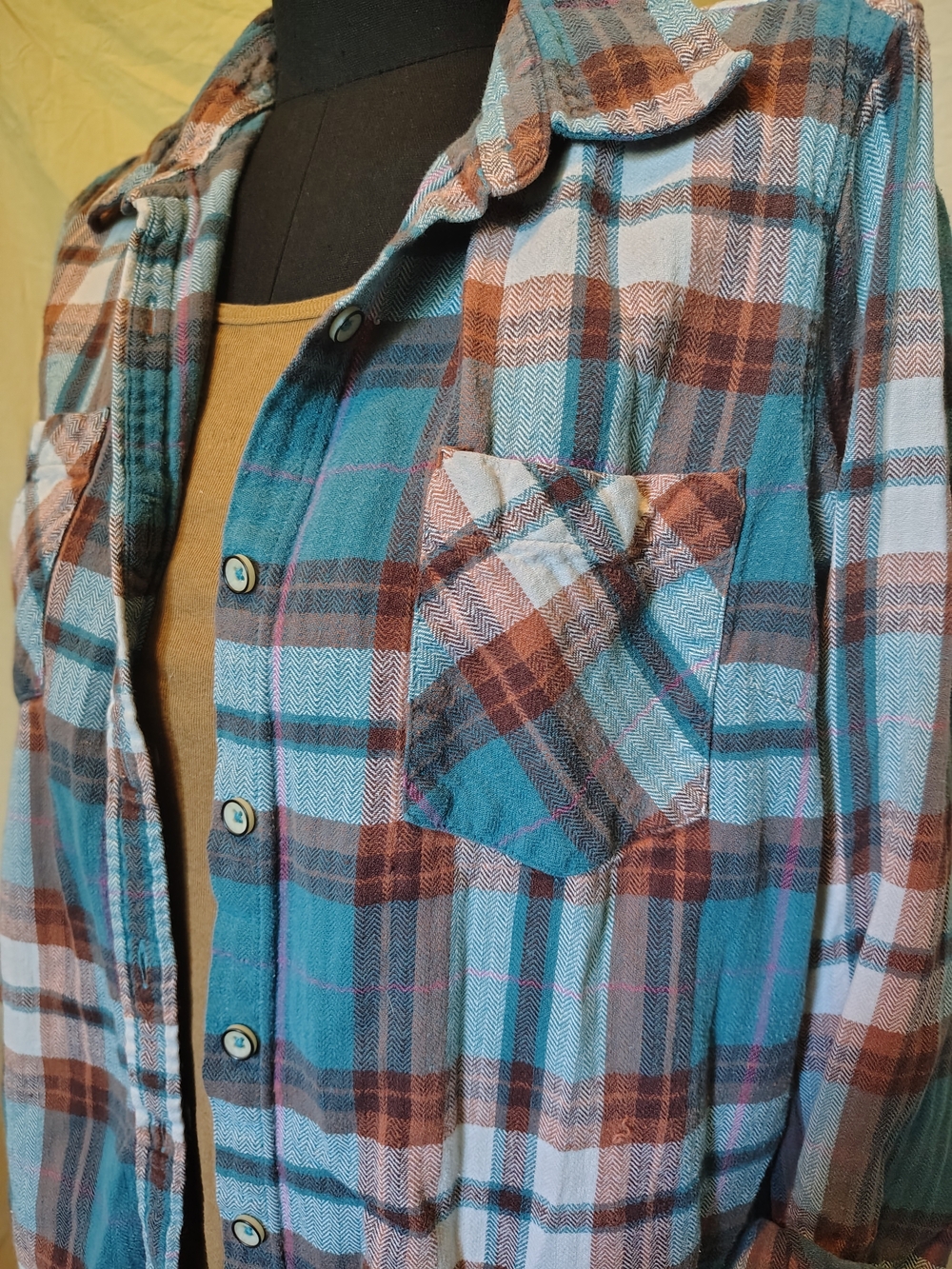 Natural Reflections Blue and Brown Plaid Flannel Button Up Shirt Womens Casual